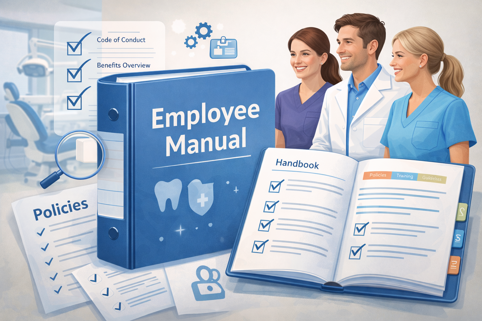 Dental team with employee manual guide